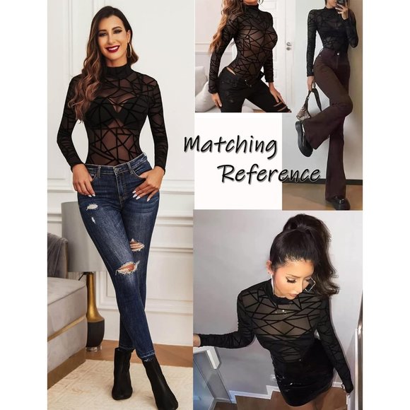 Women Turtleneck Sheer Mesh Bodysuit Geo Print Leotards Long Sleeve - Picture 3 of 7